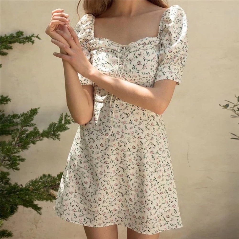 Floral dress chiffon puff sleeve womens lace flower dress - Picture 3 of 8